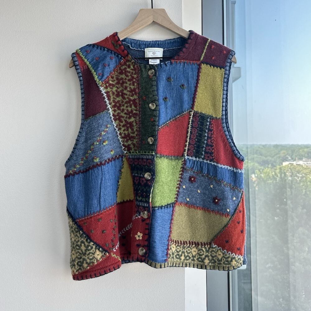 Susan Bristol Multicolor Patchwork Knit Button Sweater Vest Women's L